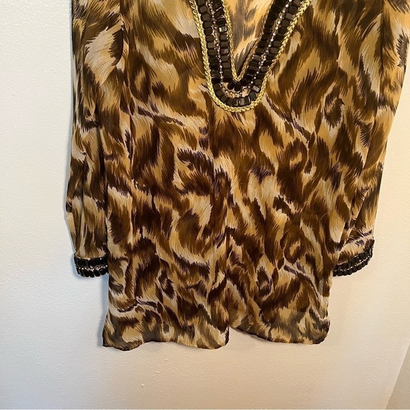 Adrienne Vittadini Sheer Tunic Top Brown Geo - Picture 5 of 12